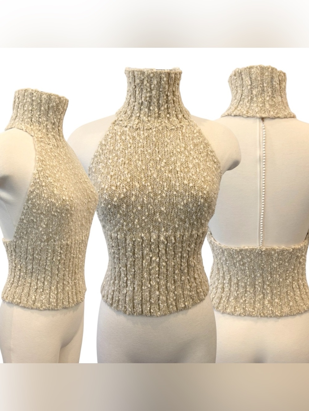 EXPRESS Wool Blend Cream Metallic Gold Knit Vintage Holiday Halter Sweater Top M - Picture 15 of 15